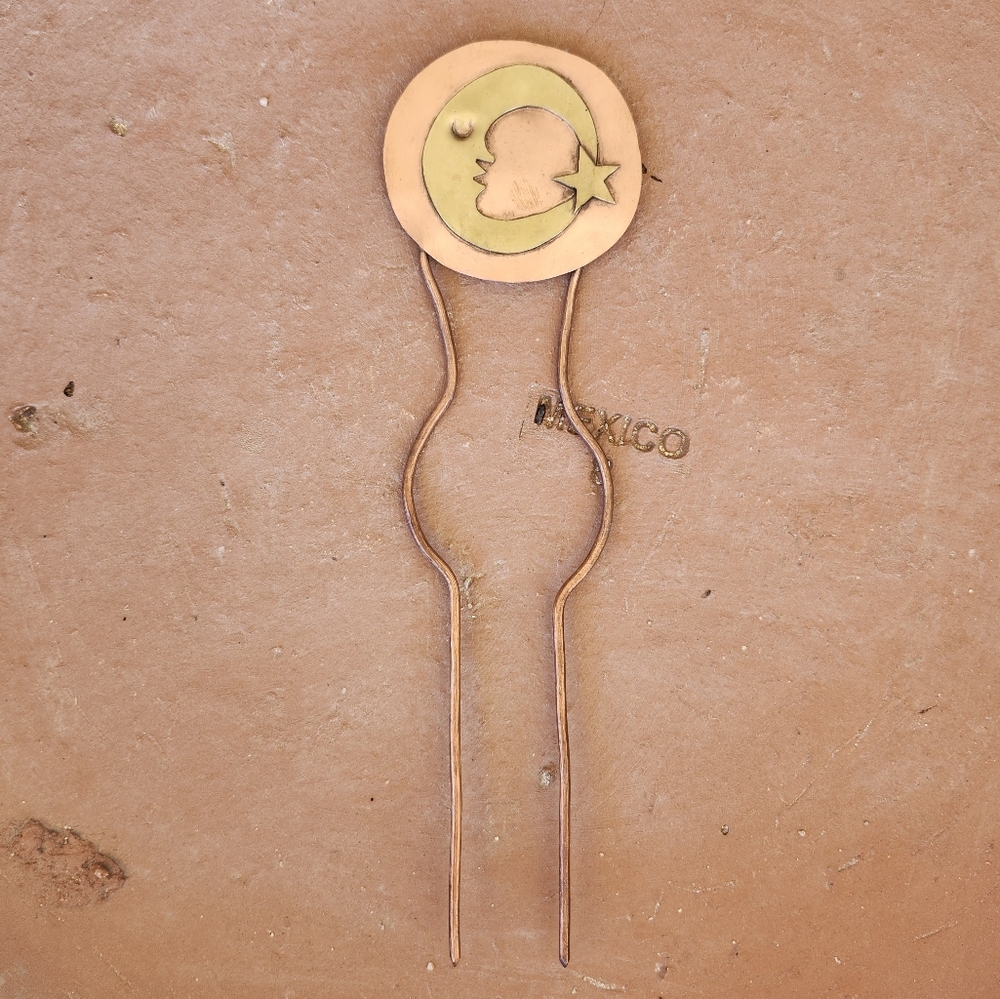 Handmade Copper & Brass Moon & Star Hair Comb Fork Pick Pin 🌜⭐️